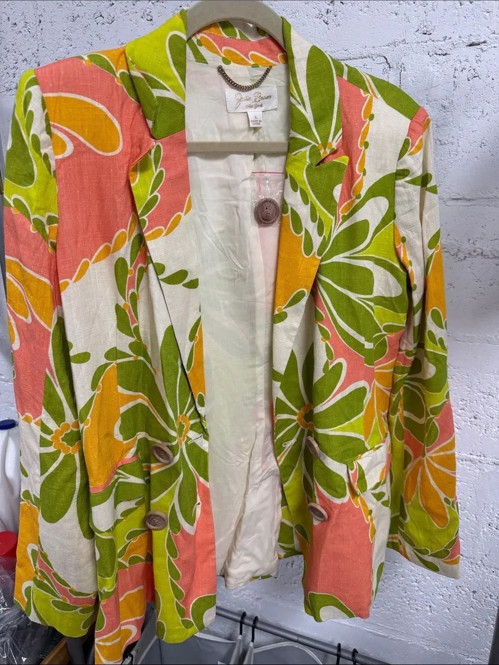 Vintage-Inspired Floral Linen Blazer Green/Pink/Yellow JULIE BROWN - NEW - Large